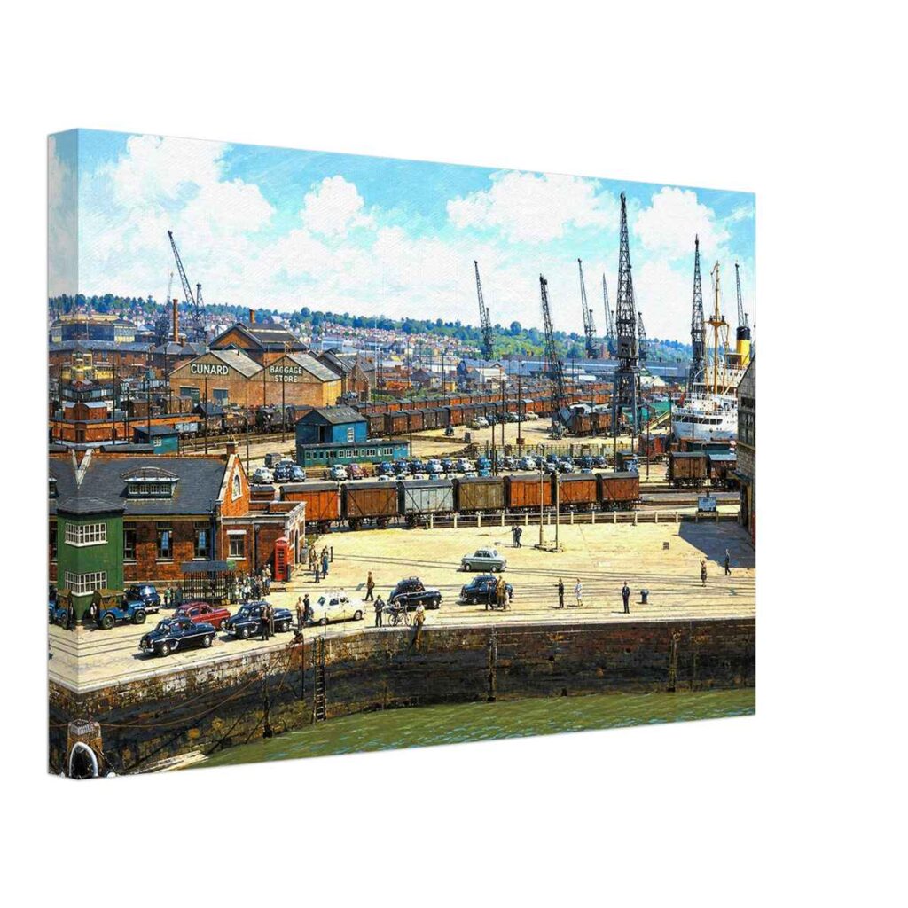 1950s painterly view of Southampton Docks, England with Cunard warehouses, cargo cranes, railway wagons and ocean liners - canvas print.