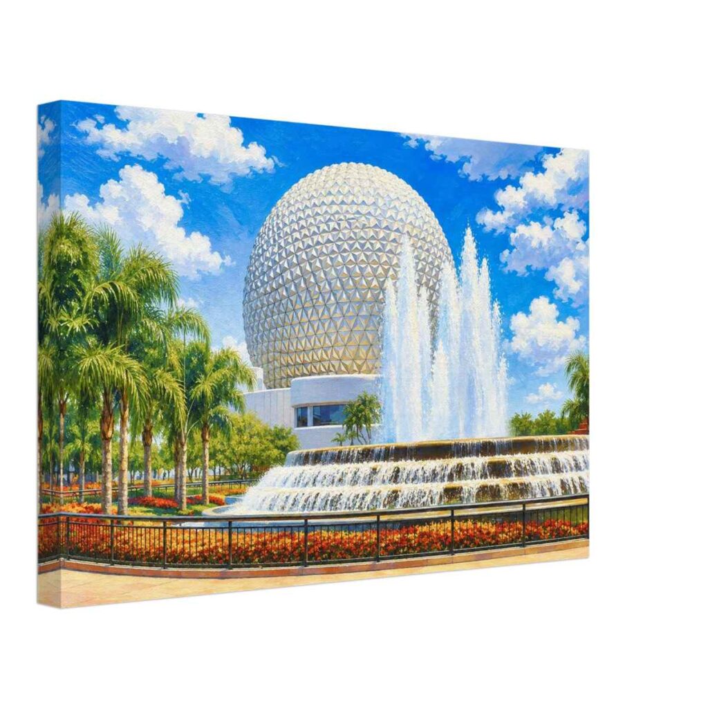 Painterly 1980s view of Spaceship Earth and the Fountain of Nations at Epcot, Walt Disney World, with fountains, palm trees and flower beds under a blue sky.