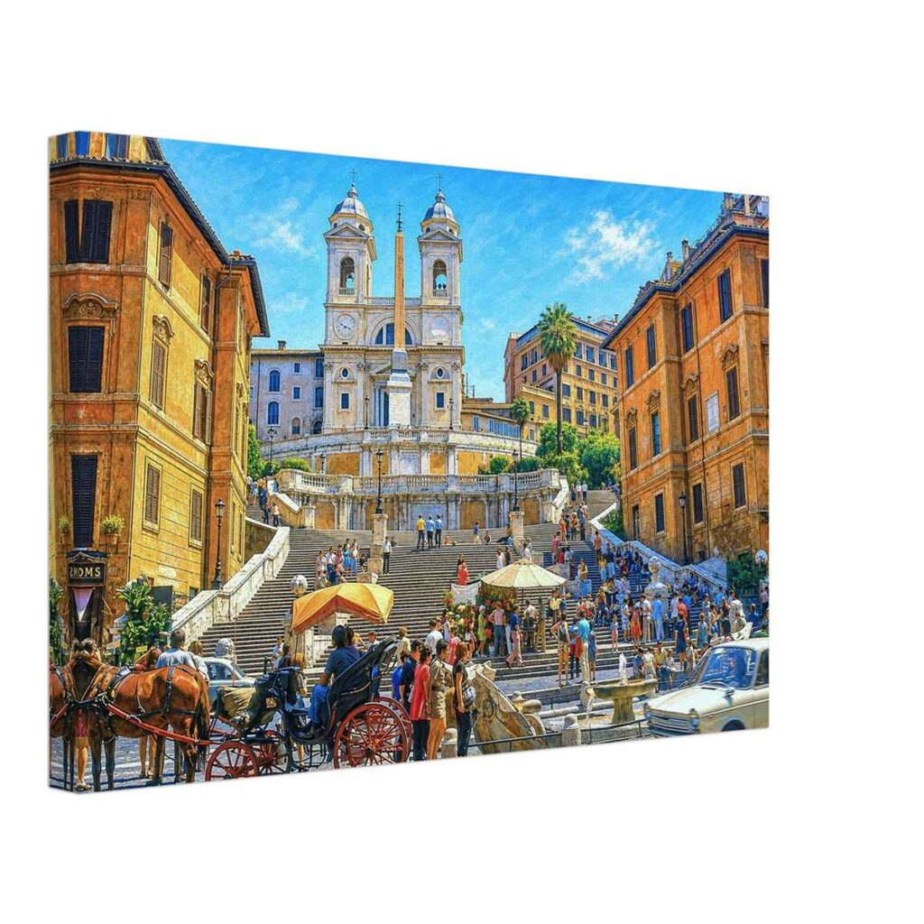 Painterly 1970s view of the Spanish Steps in Rome, Italy, with Trinità dei Monti, the obelisk, crowds, horse-drawn carriage, period car and Barcaccia Fountain.