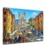Painterly 1970s view of the Spanish Steps in Rome, Italy, with Trinità dei Monti, the obelisk, crowds, horse-drawn carriage, period car and Barcaccia Fountain.