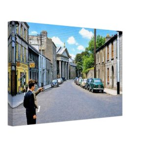 St Francis Street, Galway, Ireland 1960s - Canvas Print 1960s view of St Francis Street, Galway, Ireland, showing St. Francis Church, vintage cars and traditional shopfronts, reimagined in a painterly style from a genuine vintage color photograph.