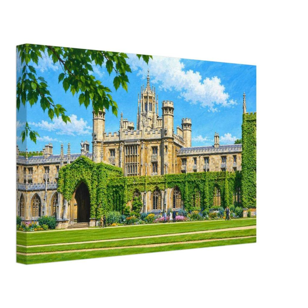 Painterly 1950s view of St John’s College in Oxford, England, with ivy-covered historic college buildings, Gothic towers, lawns, flower beds and blue sky.