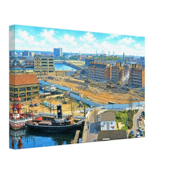 St Katharine Docks Redevelopment, London 1970s - Canvas Print 1970s view from the Tower Hotel overlooking St Katharine Docks in London, showing the steam tug Challenge beside the docks and the major redevelopment of the former docklands beyond, reimagined in a painterly style from a genuine vintage color photograph.