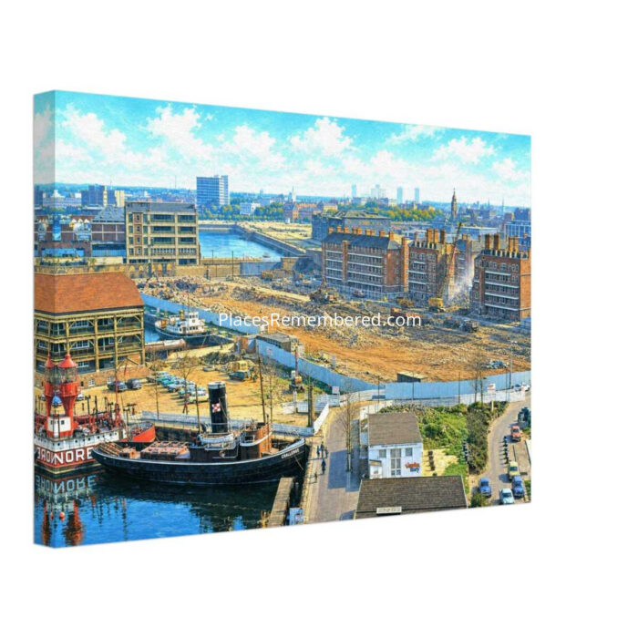 1970s view from the Tower Hotel overlooking St Katharine Docks in London, showing the steam tug Challenge beside the docks and the major redevelopment of the former docklands beyond, reimagined in a painterly style from a genuine vintage color photograph.