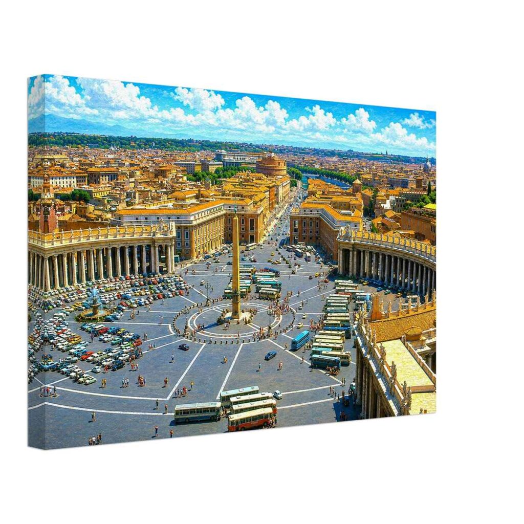 Painterly 1970s elevated view of St. Peter’s Square in Vatican City, showing the obelisk, colonnades, fountains, buses, crowds and the rooftops of Rome.