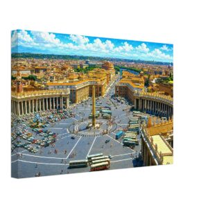 St. Peter’s Square and the Vatican, Rome, Italy 1970s - Canvas Print Painterly 1970s elevated view of St. Peter’s Square in Vatican City, showing the obelisk, colonnades, fountains, buses, crowds and the rooftops of Rome.