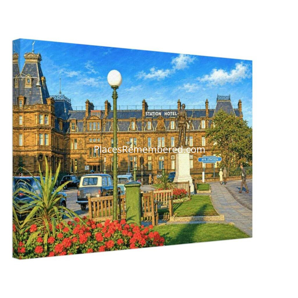 1960s view of the Station Hotel overlooking Ayr railway station in Ayr, Scotland, with its Victorian sandstone architecture, gardens and classic British cars, reimagined in a painterly style from a genuine vintage color photograph.