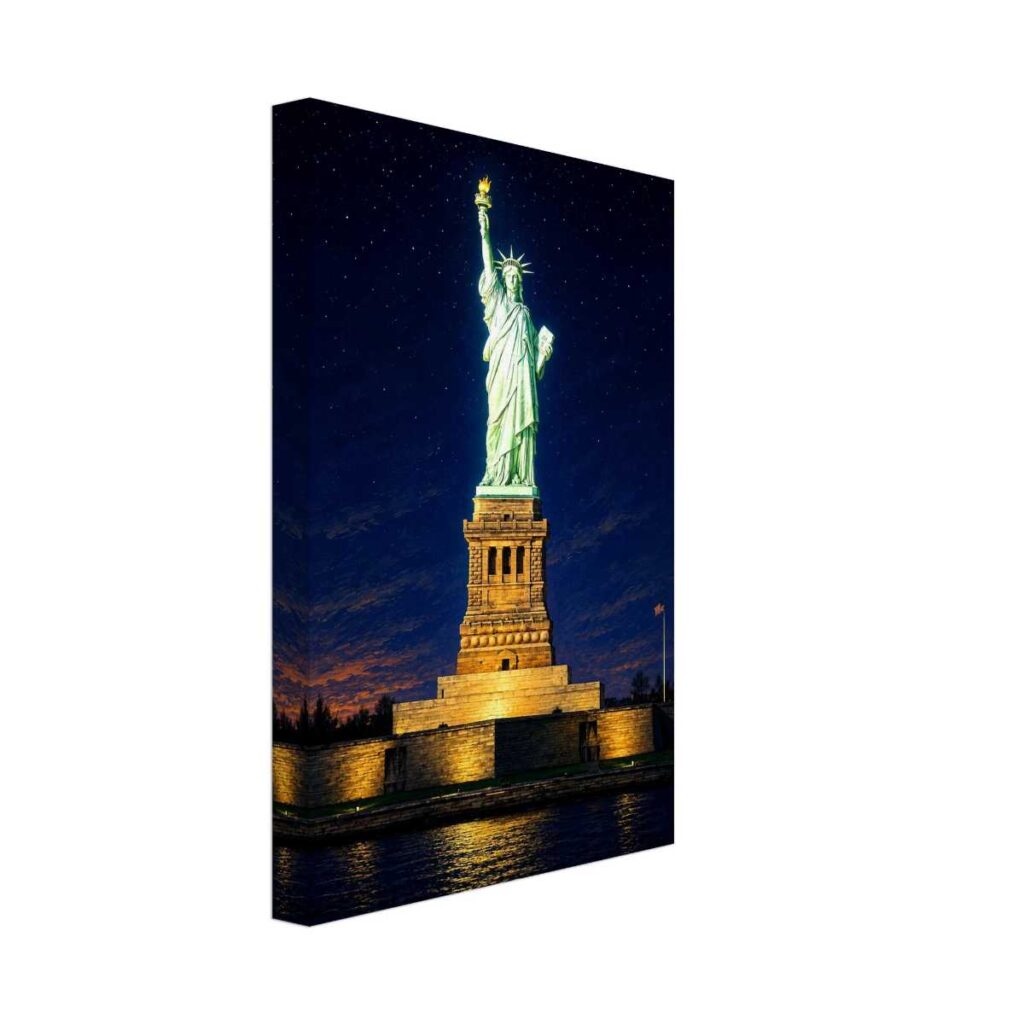 Painterly 1970s night view of the Statue of Liberty in New York City, illuminated against a starry sky with harbor reflections.