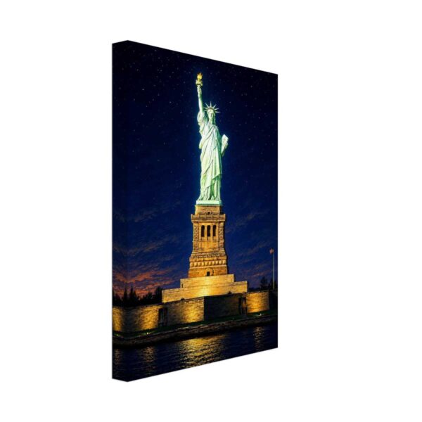 Statue of Liberty, New York City 1970s - Canvas Print Painterly 1970s night view of the Statue of Liberty in New York City, illuminated against a starry sky with harbor reflections.