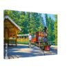 Steam loco at Portland Zoo Railway, Oregon 1960s – Canvas Print Painterly 1960s view of the Portland Zoo Railway in Oregon, with No.1 Oregon, a 5/8 scale steam loco, open passenger cars, station platform and forest trees.