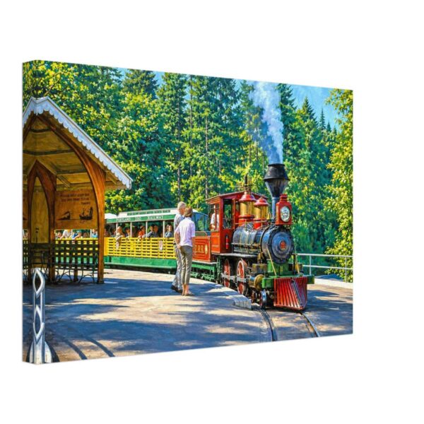 Steam loco at Portland Zoo Railway, Oregon 1960s – Canvas Print Painterly 1960s view of the Portland Zoo Railway in Oregon, with No.1 Oregon, a 5/8 scale steam loco, open passenger cars, station platform and forest trees.