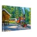 Painterly 1960s view of the Portland Zoo Railway in Oregon, with No.1 Oregon, a 5/8 scale steam loco, open passenger cars, station platform and forest trees.