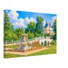 Painterly 1950s view of Story Land in Glen, New Hampshire, with a fairytale castle, white arched bridge, fountain, gardens and trees under a blue sky.