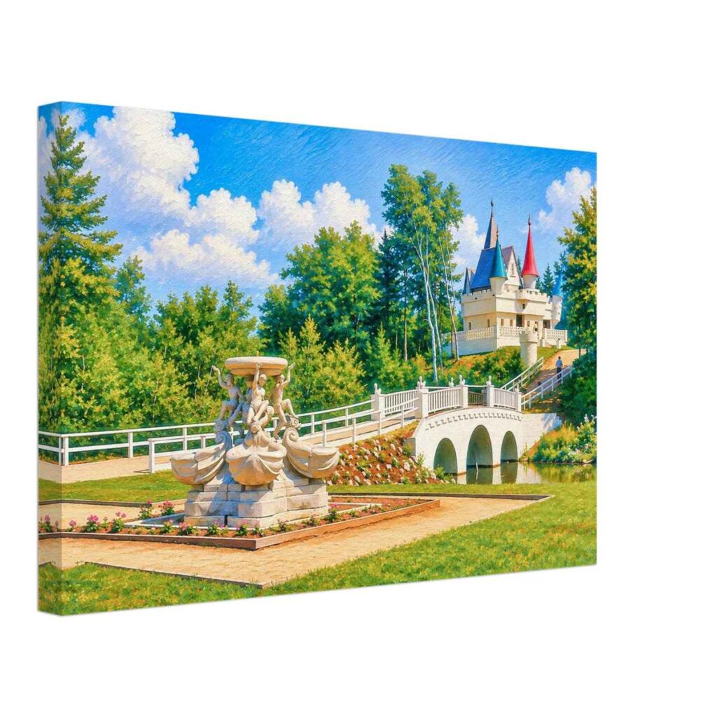 Painterly 1950s view of Story Land in Glen, New Hampshire, with a fairytale castle, white arched bridge, fountain, gardens and trees under a blue sky.