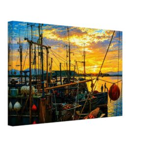 1970s painterly sunset view of fishing boats in Oban Harbour, Scotland - canvas print.