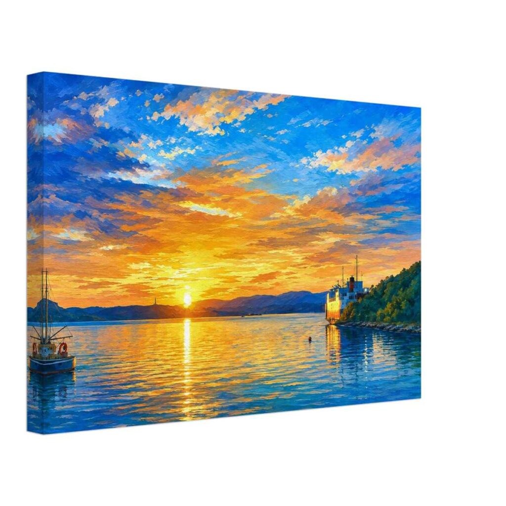 Painterly 1970s sunset view of Oban, Scotland, with harbour water, boats, distant hills and golden reflections under a dramatic evening sky.