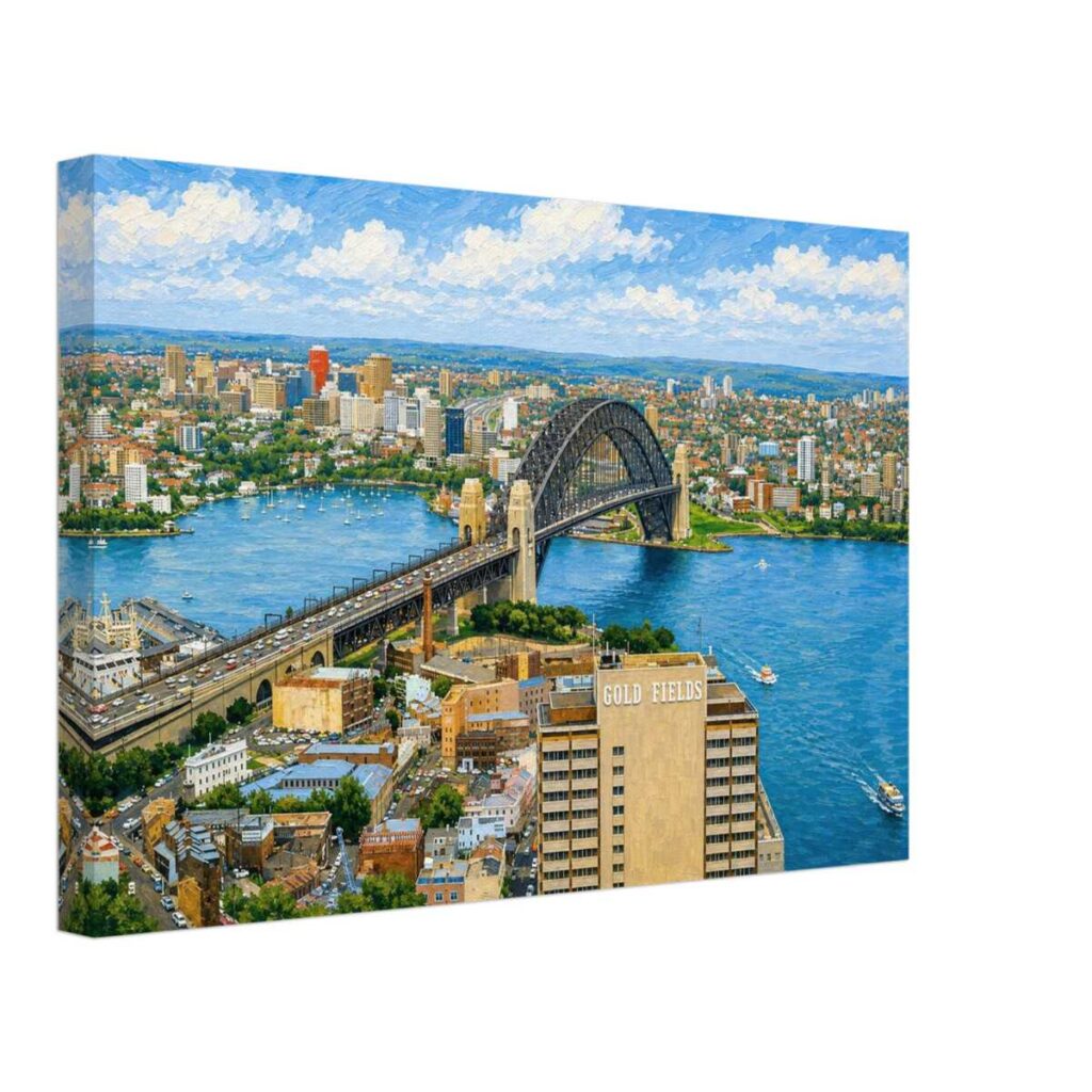 Sydney Harbour Bridge in Australia in the 1970s, seen from above with the harbor, city skyline, boats and Gold Fields House.