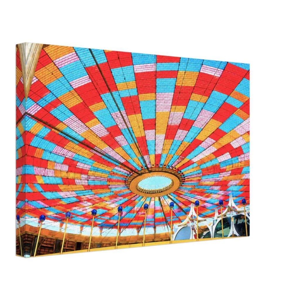 Painterly 1960s view beneath the Tent of Tomorrow at the New York State Pavilion, with colorful roof panels at the New York World’s Fair.
