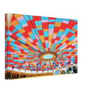 Tent of Tomorrow, New York World’s Fair 1964 – Canvas Print Painterly 1960s view beneath the Tent of Tomorrow at the New York State Pavilion, with colorful roof panels at the New York World’s Fair.