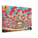 Painterly 1960s view beneath the Tent of Tomorrow at the New York State Pavilion, with colorful roof panels at the New York World’s Fair.