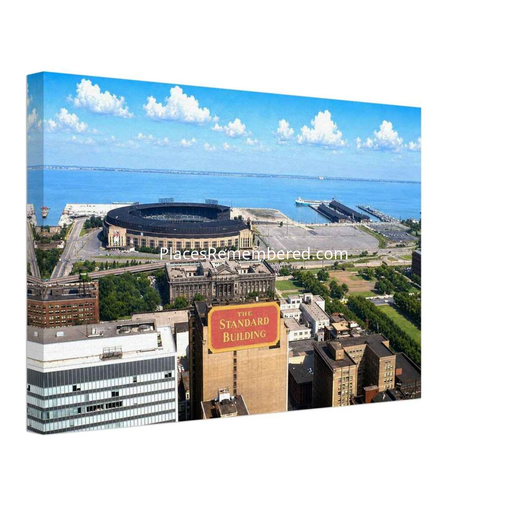 1950s view from Terminal Tower overlooking downtown Cleveland, Cleveland Municipal Stadium, longtime home of the Cleveland Browns, and the Lake Erie waterfront, reimagined from a genuine vintage color photograph in a painterly style.
