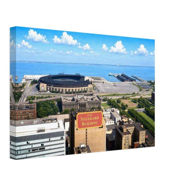Terminal Tower View of Cleveland Stadium, Cleveland 1950s - Canvas Print 1950s view from Terminal Tower overlooking downtown Cleveland, Cleveland Municipal Stadium, longtime home of the Cleveland Browns, and the Lake Erie waterfront, reimagined from a genuine vintage color photograph in a painterly style.