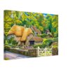 Thatched Cottage in Buckland in the Moor, Devon 1970s – Canvas Print Painterly 1970s view of Buckland in the Moor, Devon, with thatched cottages, stone walls, cottage gardens, a white gate and woodland greenery.