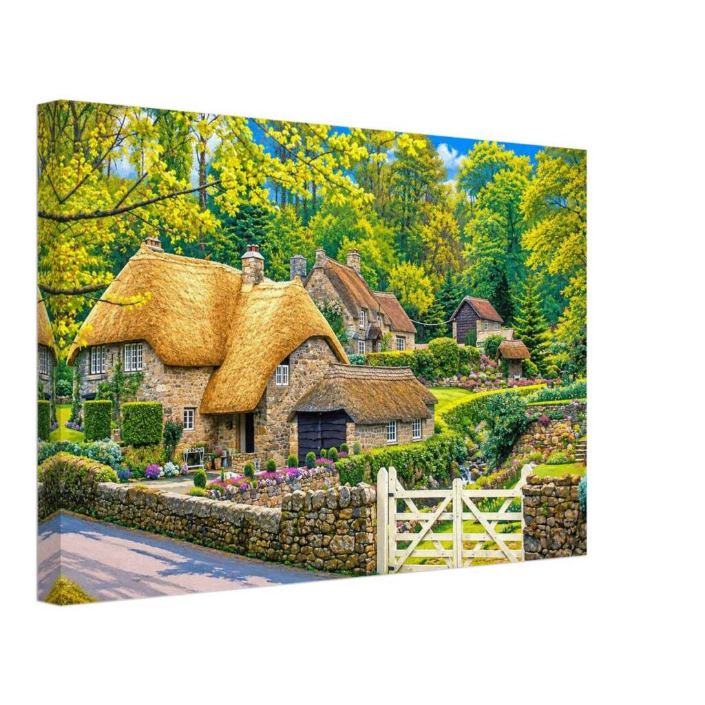 Painterly 1970s view of Buckland in the Moor, Devon, with thatched cottages, stone walls, cottage gardens, a white gate and woodland greenery.