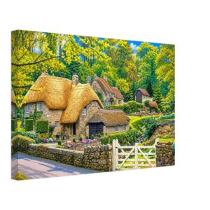 Thatched Cottage in Buckland in the Moor, Devon 1970s – Canvas Print Painterly 1970s view of Buckland in the Moor, Devon, with thatched cottages, stone walls, cottage gardens, a white gate and woodland greenery.