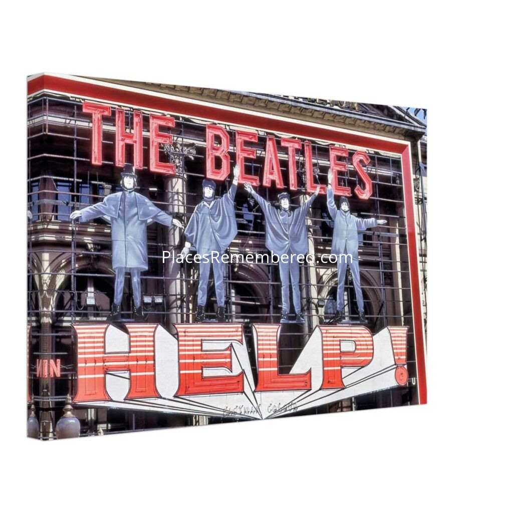 1960s London Pavilion in Piccadilly Circus displaying the giant illuminated sign promoting The Beatles' film Help! in 1965, prepared in a clean photographic style from a genuine vintage color photograph.