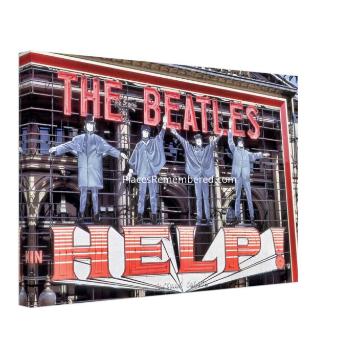 1960s London Pavilion in Piccadilly Circus displaying the giant illuminated sign promoting The Beatles' film Help! in 1965, prepared in a clean photographic style from a genuine vintage color photograph.