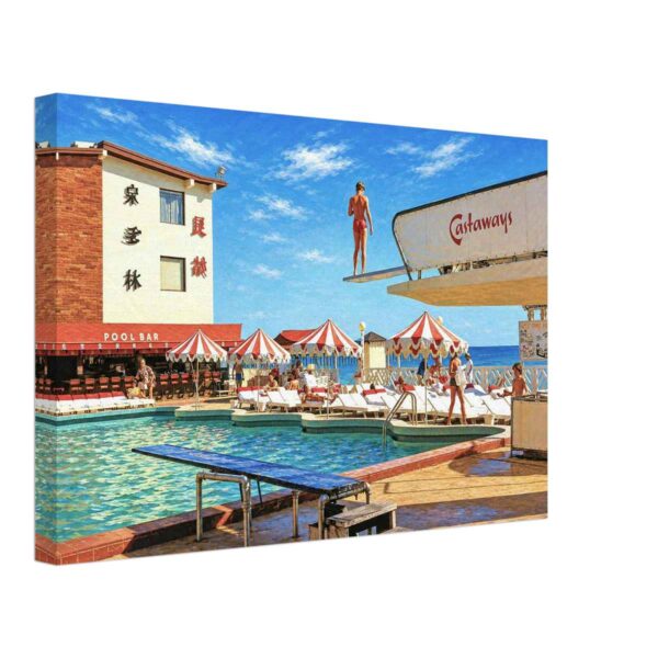 The Castaways Resort, Sunny Isles, Florida 1970s - Canvas Print Painterly 1970s view of The Castaways resort in Sunny Isles, Florida, with a high diving board, swimming pool, Pool Bar, striped umbrellas, sunbathers and ocean beyond.