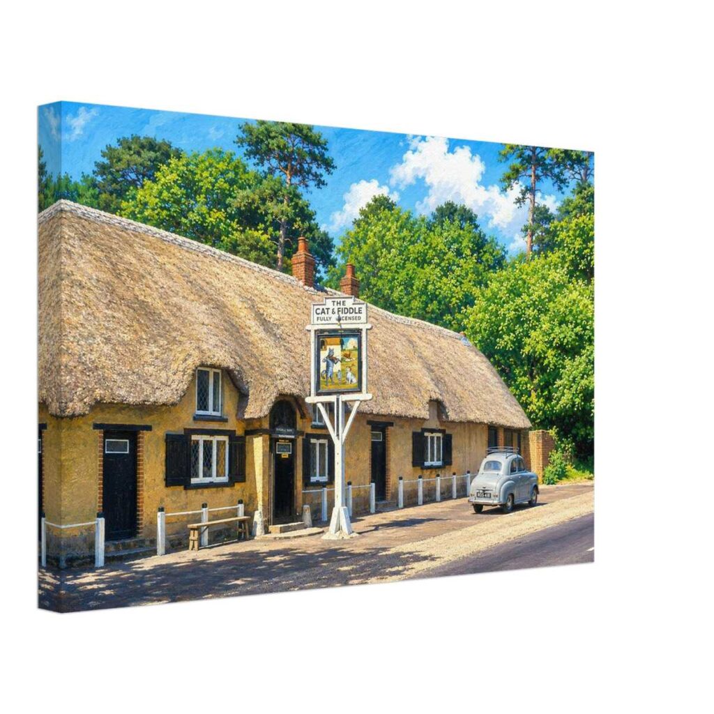 Painterly 1950s view of The Cat & Fiddle pub at Hinton Admiral, Hampshire, with a thatched roof, pub sign, Austin A30 car, trees and country road.