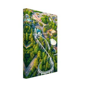 Painterly 1970s aerial view of Magic Mountain showing The Great American Revolution roller coaster track and vertical loop winding through trees near plaza buildings, fountains and crowds.