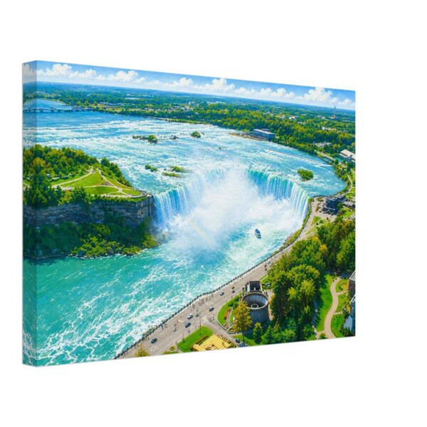 The Horseshoe Falls, Niagara Falls Aerial View 2000s – Canvas Print Painterly 2000s aerial view of Niagara Falls, with Horseshoe Falls, turquoise water, mist, parkland, roads and a tour boat below.