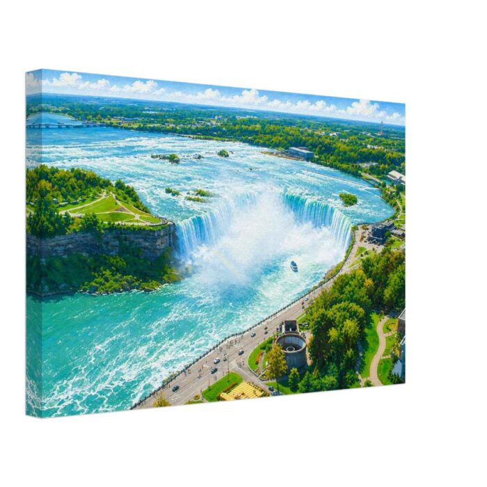 Painterly 2000s aerial view of Niagara Falls, with Horseshoe Falls, turquoise water, mist, parkland, roads and a tour boat below.