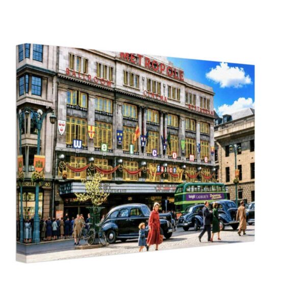 Restored 1950s photograph of the Metropole Cinema on O'Connell Street, Dublin, Ireland