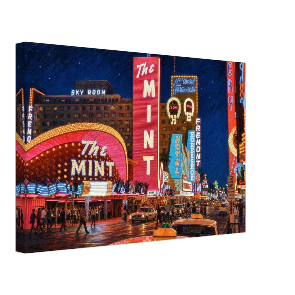 Painterly 1960s night view of Fremont Street in Las Vegas, with glowing casino signs for The Mint, Hotel Fremont, Horseshoe and Lucky, plus traffic and crowds.