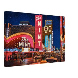 Painterly 1960s night view of Fremont Street in Las Vegas, with glowing casino signs for The Mint, Hotel Fremont, Horseshoe and Lucky, plus traffic and crowds.