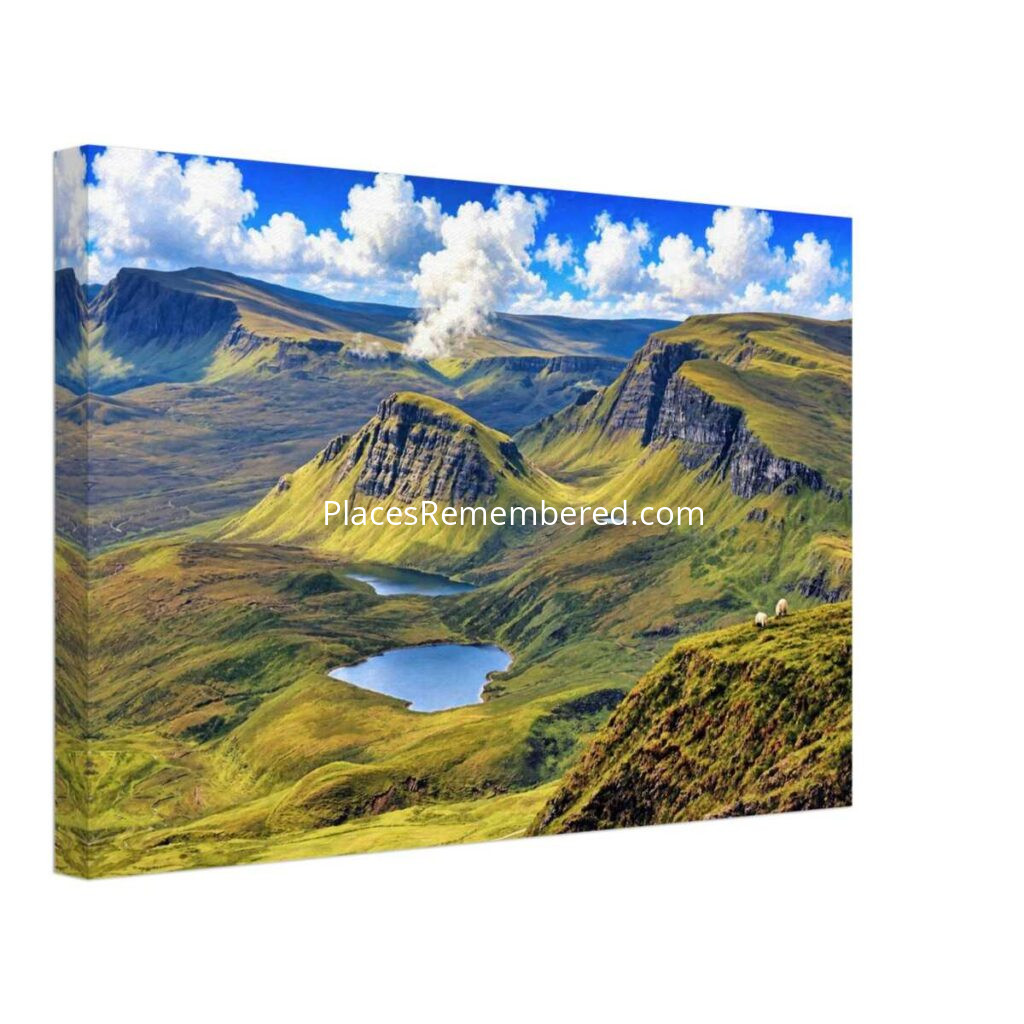 1970s panoramic view of the Quiraing on the Isle of Skye, Scotland, featuring dramatic green cliffs, rocky pinnacles, and winding roads across the Trotternish Ridge, reimagined in a painterly style from a genuine vintage color photograph.
