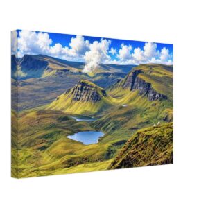 The Quiraing, Isle of Skye 1970s - Canvas Print 1970s panoramic view of the Quiraing on the Isle of Skye, Scotland, featuring dramatic green cliffs, rocky pinnacles, and winding roads across the Trotternish Ridge, reimagined in a painterly style from a genuine vintage color photograph.