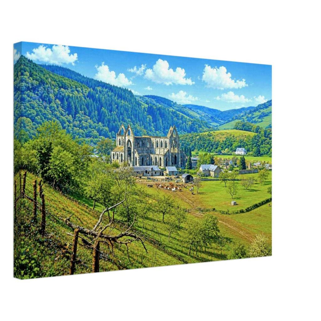 1950s view of Tintern Abbey in Monmouthshire, Wales, surrounded by the green countryside of the Wye Valley, reimagined in a painterly style from a genuine vintage color photograph.