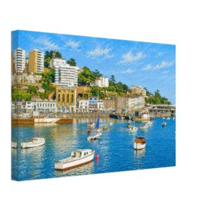 Torquay Harbour, Devon, England 1970s - Canvas Print Painterly 1970s view of Torquay Harbour in Devon, England, with boats on blue water, waterfront buildings, hillside hotels and sunny coastal sky.