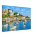 Painterly 1970s view of Torquay Harbour in Devon, England, with boats on blue water, waterfront buildings, hillside hotels and sunny coastal sky.