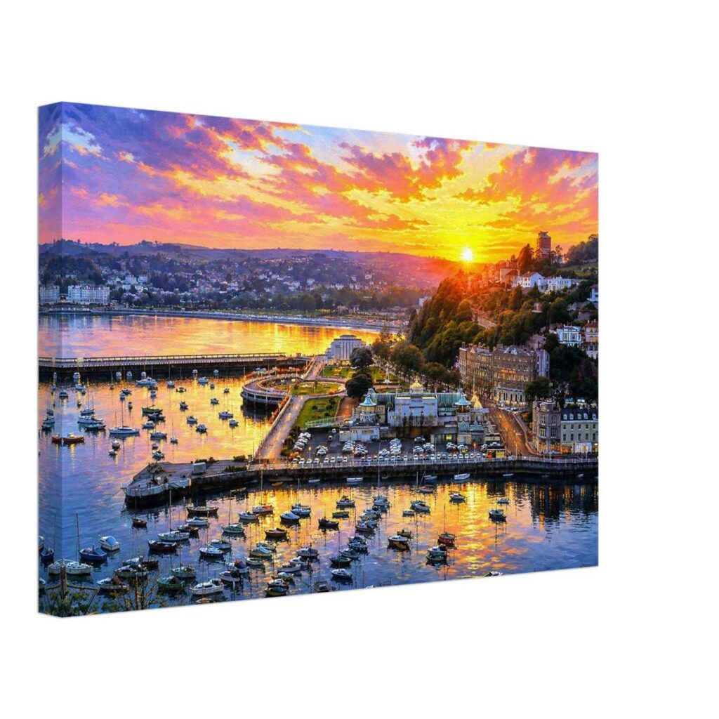 Painterly 1970s sunset view of Torquay Harbour in Devon, England, with boats, golden water reflections, pier, pavilion, hillside buildings and coastline.