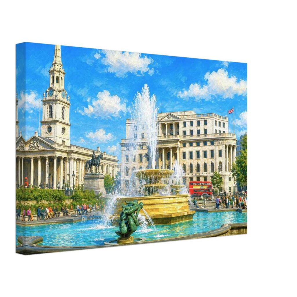 Painterly 1960s view of Trafalgar Square in London, with fountains, St Martin-in-the-Fields, South Africa House, red buses and crowds.