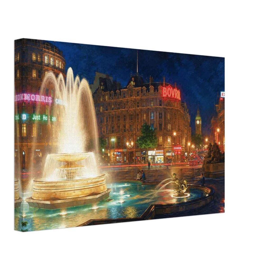 Painterly 1960s night view of Trafalgar Square in London, with illuminated fountains, glowing signs, traffic lights and Big Ben in the distance.