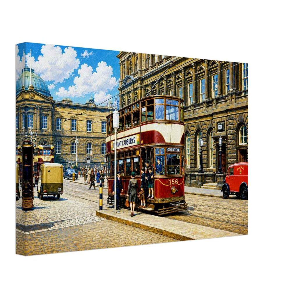 1950s painterly view of Edinburgh Corporation Tram 156 crossing North Bridge in Edinburgh, Scotland - canvas print.