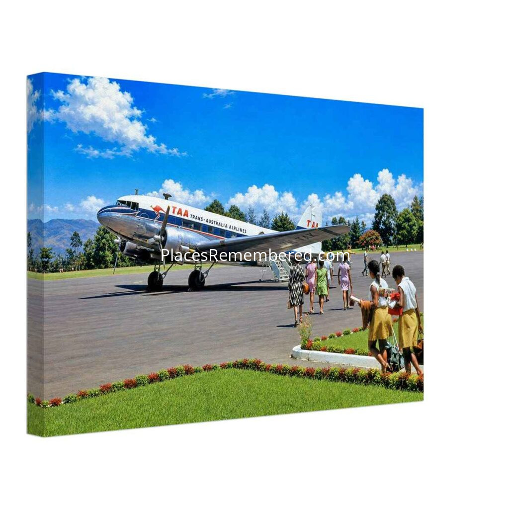 1960s painterly view of a Trans Australia Airways Douglas DC-3 at Mount Hagen Airport, Papua New Guinea with passengers boarding - canvas print.