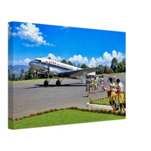 Trans Australia Airways DC-3, Papua New Guinea 1960s - Canvas Print 1960s painterly view of a Trans Australia Airways Douglas DC-3 at Mount Hagen Airport, Papua New Guinea with passengers boarding - canvas print.